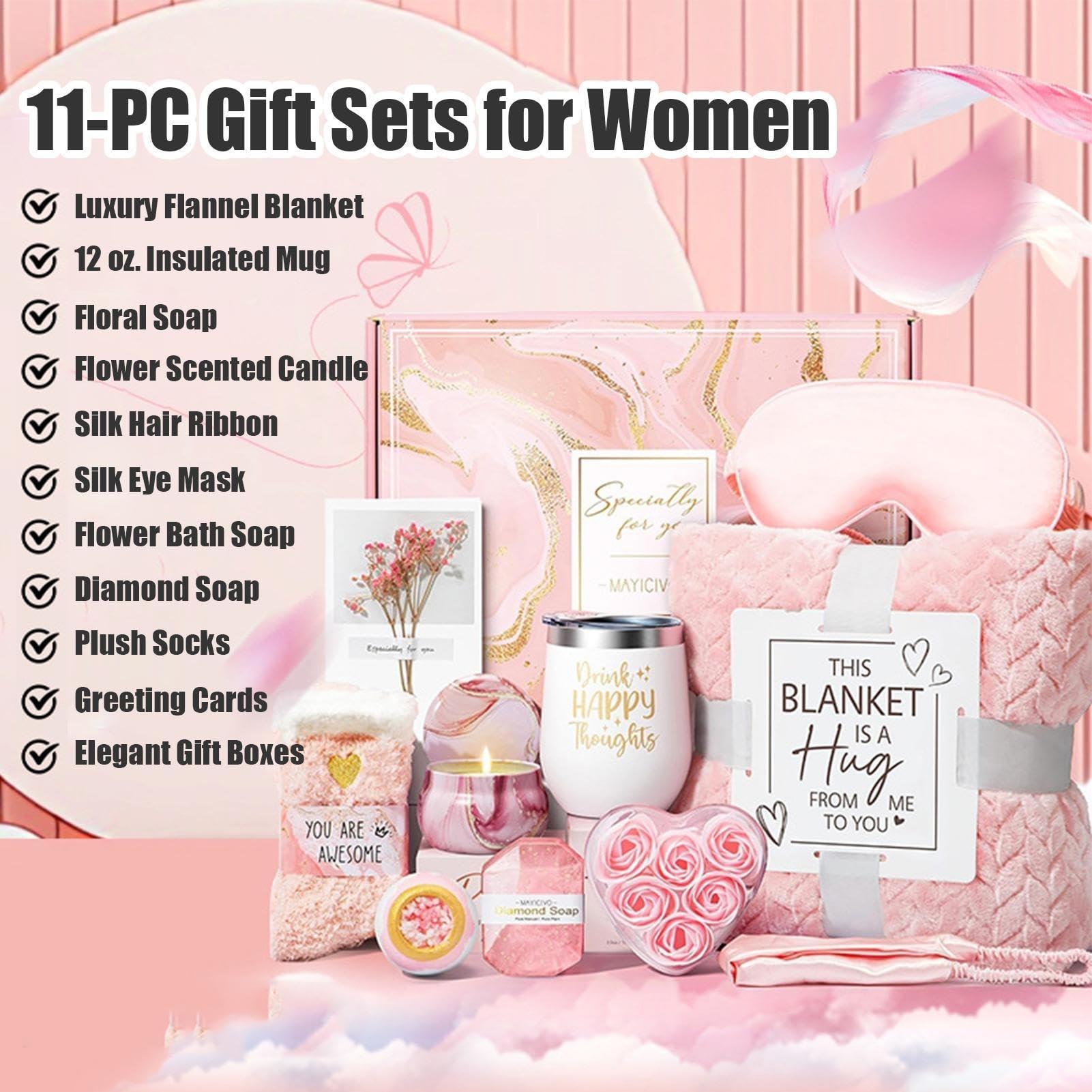 Women's Birthday Gift Set, Self-Care Spa Basket with Luxury Flannel Blanket, Unique Christmas Present for Mom Friend Sister Wife Grandma, Party Gifts