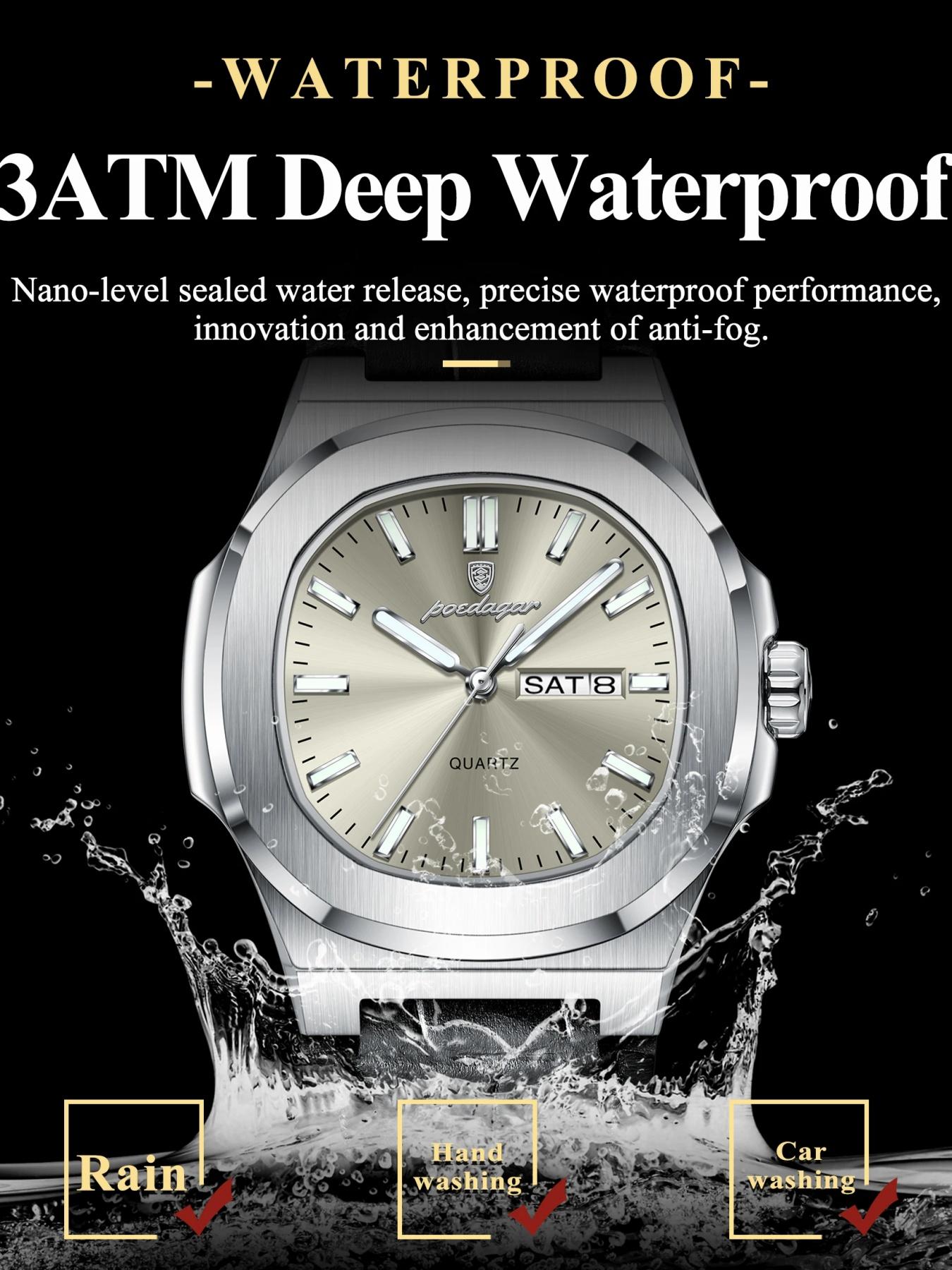 Men's Quartz Watch, Waterproof Design, Date & Day Display, PU Leather Band, Perfect Gift for Him, Sporty Style Timepiece, Casual Analog Watch