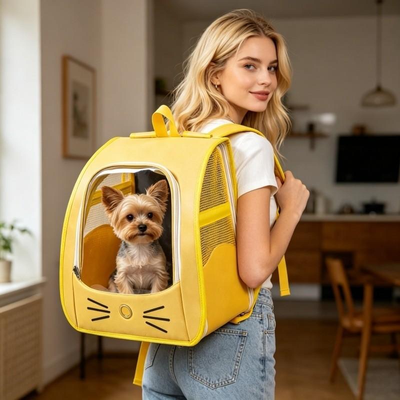 Transparent Bubble Window Cat Face Design Pet Backpack, Wide Strap Foldable Breathable Dog Bag, Ideal for Festive Occasions, Comfortable Travel Essential