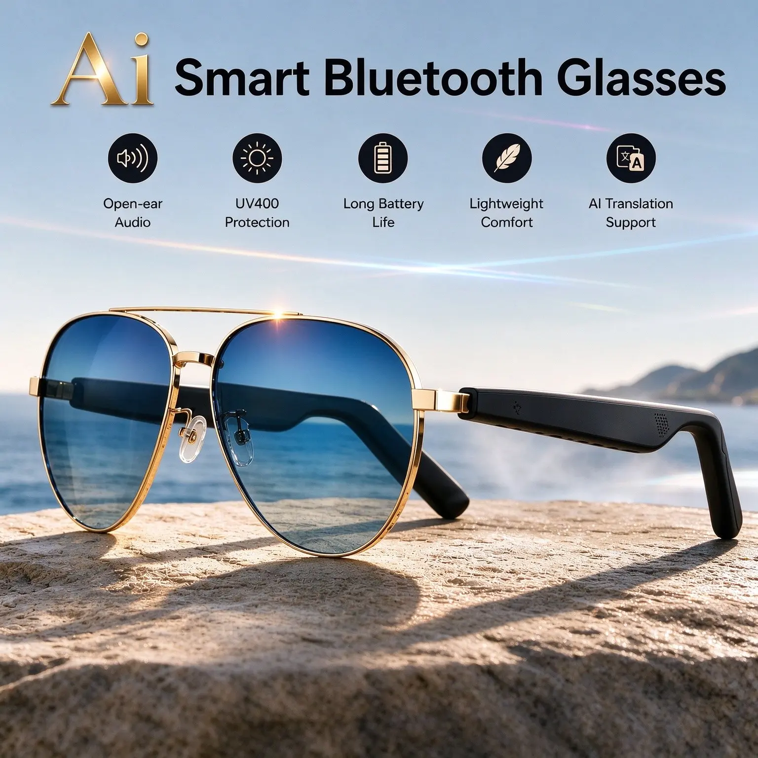 Ai Bluetooth-compatible Smart Glasses, Multilingual APP Translation, Music Goggles, Sweat-Proof, UV Protection, Ideal for Travel, Navigation, Meetings