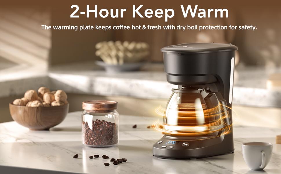 KISSAIR Compact 5-Cup Programmable Drip coffee  machines : 24h Timer, 2h Keep-Warm + Auto Shut-Off, 30s Pause-to-Serve, with Reusable Filter & Drip-Proof Glass Carafe, for Home, Small Kitchens, Offices