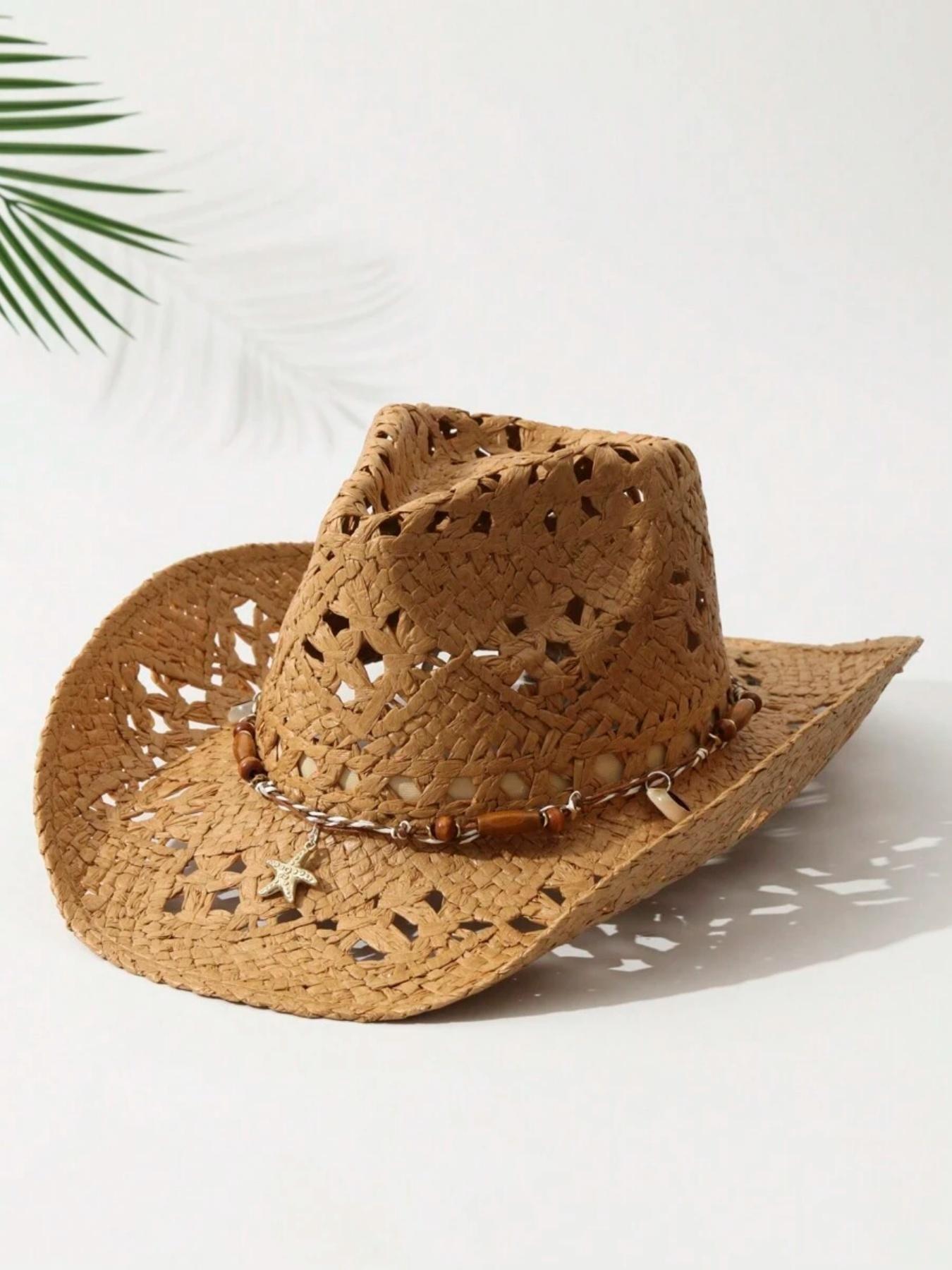 Women's Straw Pearl Shell Cowboy Hat, Foldable Beach Sun Protection Hat, Wide Brim Western Hat, Summer Fashion Accessory, Casual Hat