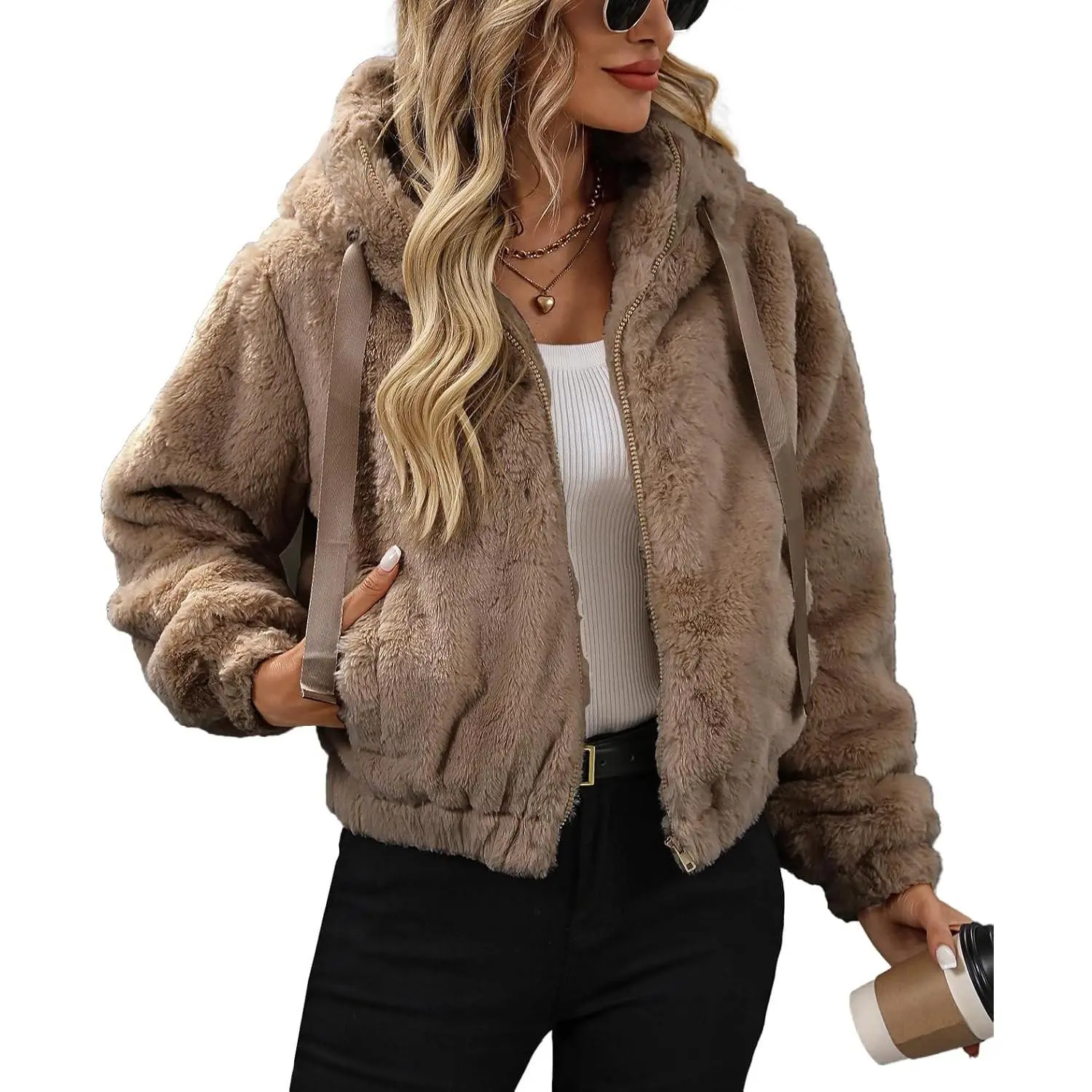 Women's Chic Faux Fur Crop Coat - Full-Zip, Long-Sleeve Sherpa Hooded Jacket with Polyester Accents, Pair with Dresses, Tops for Casual Wear