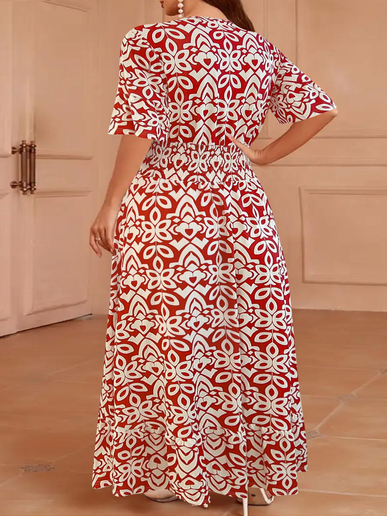 Plus Size Vintage Totem Print Dress, Half Sleeve Design, Curvy Slimming Vacation Dress