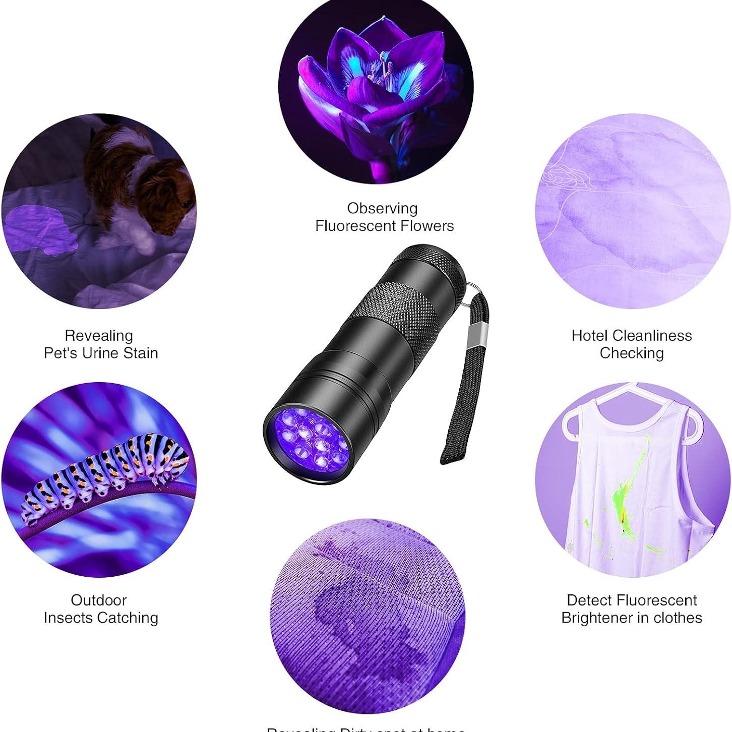 Wild Bright 2-pack portable 12-LED ultraviolet flashlight with 395nm wavelength, black light detector for dog urine and pet stains, fluorescent aluminum detector, suitable for outdoor hiking and garden search, 6*AAA batteries not included