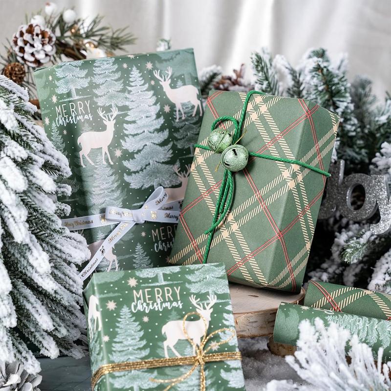 RUSPEPA 3 Rolls Christmas Wrapping Paper Set | Plaid, Solid Colors & Reindeer Christmas Tree Patterns - Ideal for Parties, Decor, Gift Wrapping, DIY Crafts, Xmas Gifts, Family Gatherings, Holiday Decor, Festive Wrapping - 17 x 120 inches