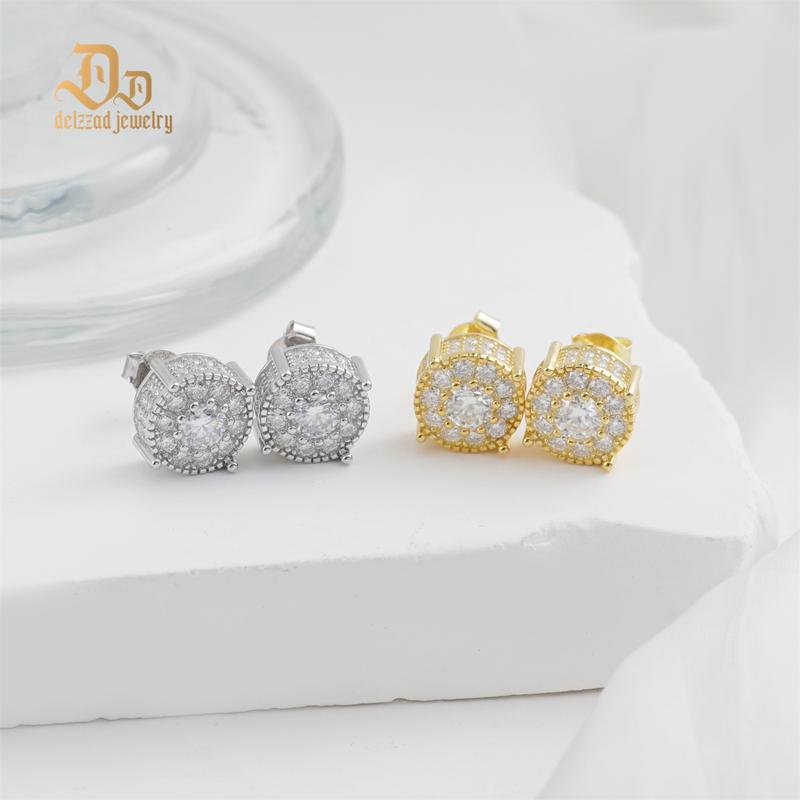 Delzzad 18K Gold-Plated Royal Halo Iced Out Lab-Created Moissanite Stud Earring S925 Sterling Silver Moissanite Jewelry Perfect Birthday Mother’s Day Christmas Gift for Men Women Wedding Set