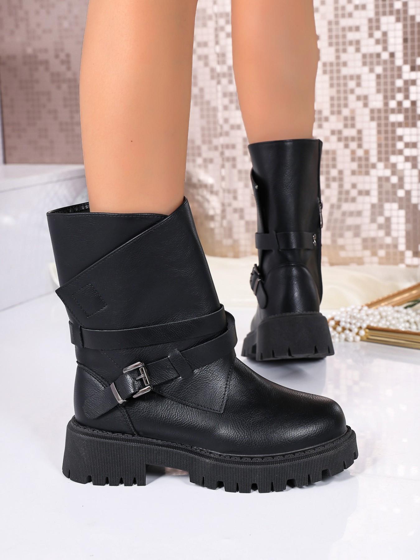 Women's Vintage PU Leather Belt Buckle Thick Sole Boots, Comfortable Anti-Slip, Fashionable Fall & Winter Shoes
