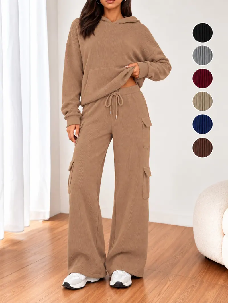 Women’s 2 Piece Ribbed Hoodie Set, Long Sleeve Pullover & Wide Leg Cargo Pants, Casual Lounge for Fall Winter, Holiday Gift Women’s 2 Piece Ribbed Hoodie Set, Long Sleeve Pullover & Wide Leg Cargo Pants, Casual Lounge for Fall Winter, Holiday Gift