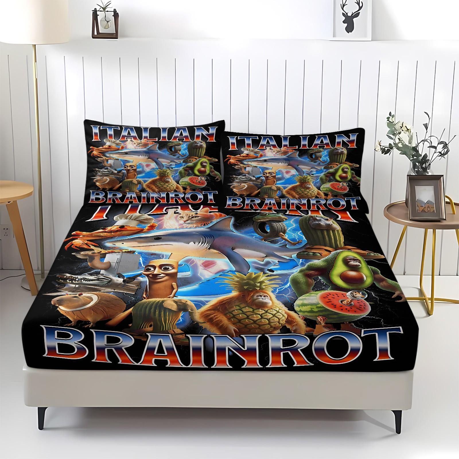 3-Piece Set Of Brain Rot Patterned Bed Sheets, Including 1 Bed Sheet And 2 Pillowcases, Comfortable Bedding, Non Slip Suitable For Bedrooms, Suitable For Gifts For Teenagers And Adults