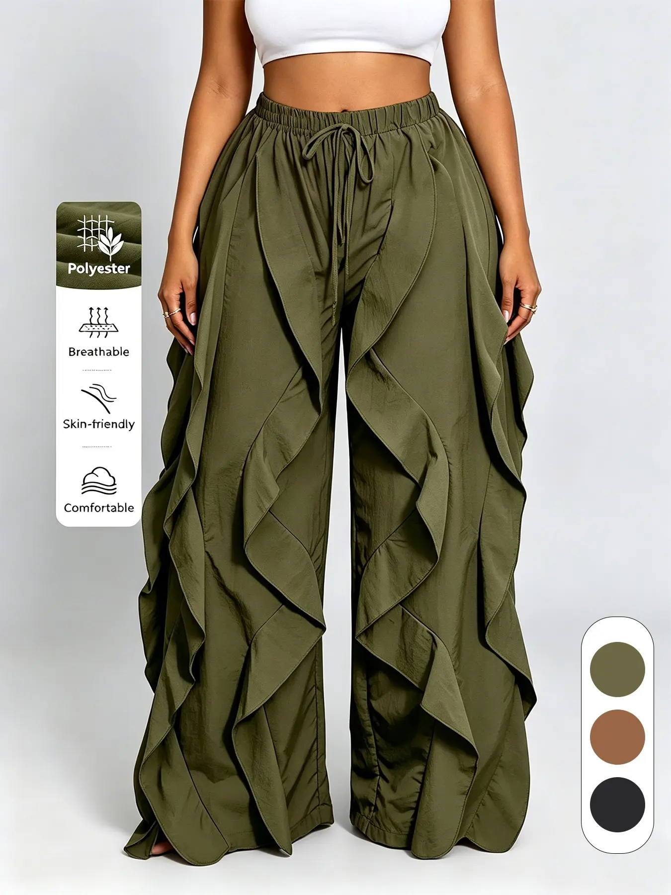 Plus Size Drawstring Elastic Waist Ruffle Side Wide Leg Pants, Lightweight Flowy Irregular Boho Trousers, Curvy & Hip Concealing, Perfect for Beach Vacation, Summer Outfits, Street Shot Looks, Girls Shopping, Seaside Trips, Holiday Photos, Loungewear