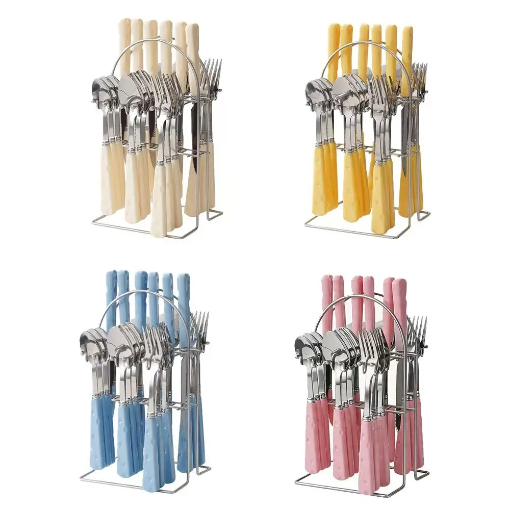 24-Piece Stainless Steel Cutlery Set, Cute Cheese Knife Fork and Spoon with Plastic Handle, Western Dining Utensils with Rack, Durable Tableware