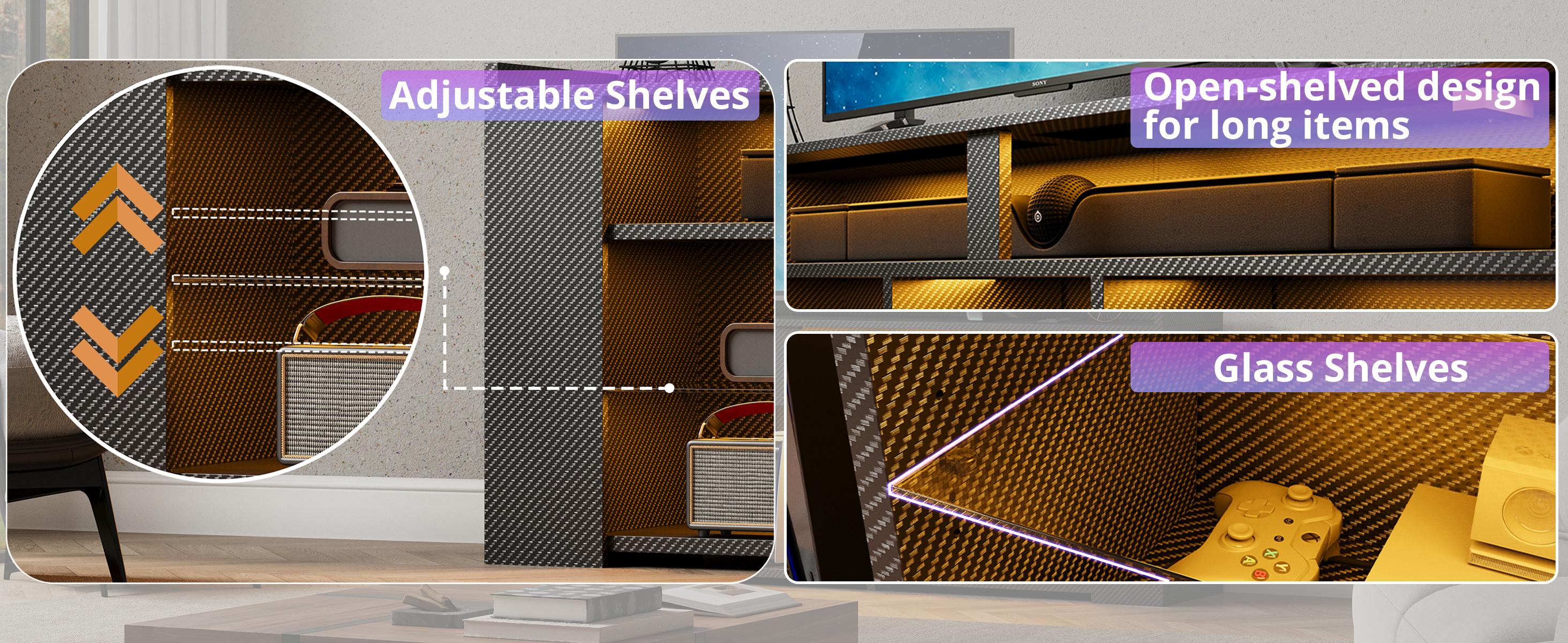 IRONCK Entertainment Center with Storage, Tall TV Stand W/Power Outlet, LED Gaming TV Cabinet for PS5, Black TV Stand with Carbon Fiber