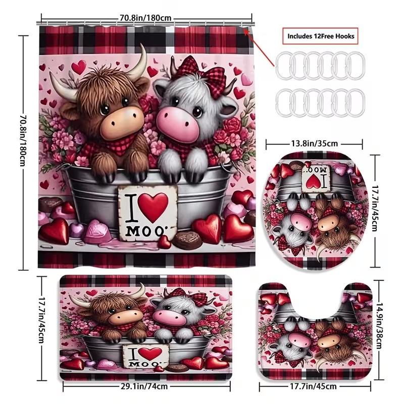 1/4pcs Valentine's Day Highland Bull Pattern Shower Curtain Set, including shower curtain, toilet seat cover, rectangular mat, and U-shaped mat. Perfect for Bathroom Decoration Accessories, beautifying the space. Comes with 12 shower curtain hooks.