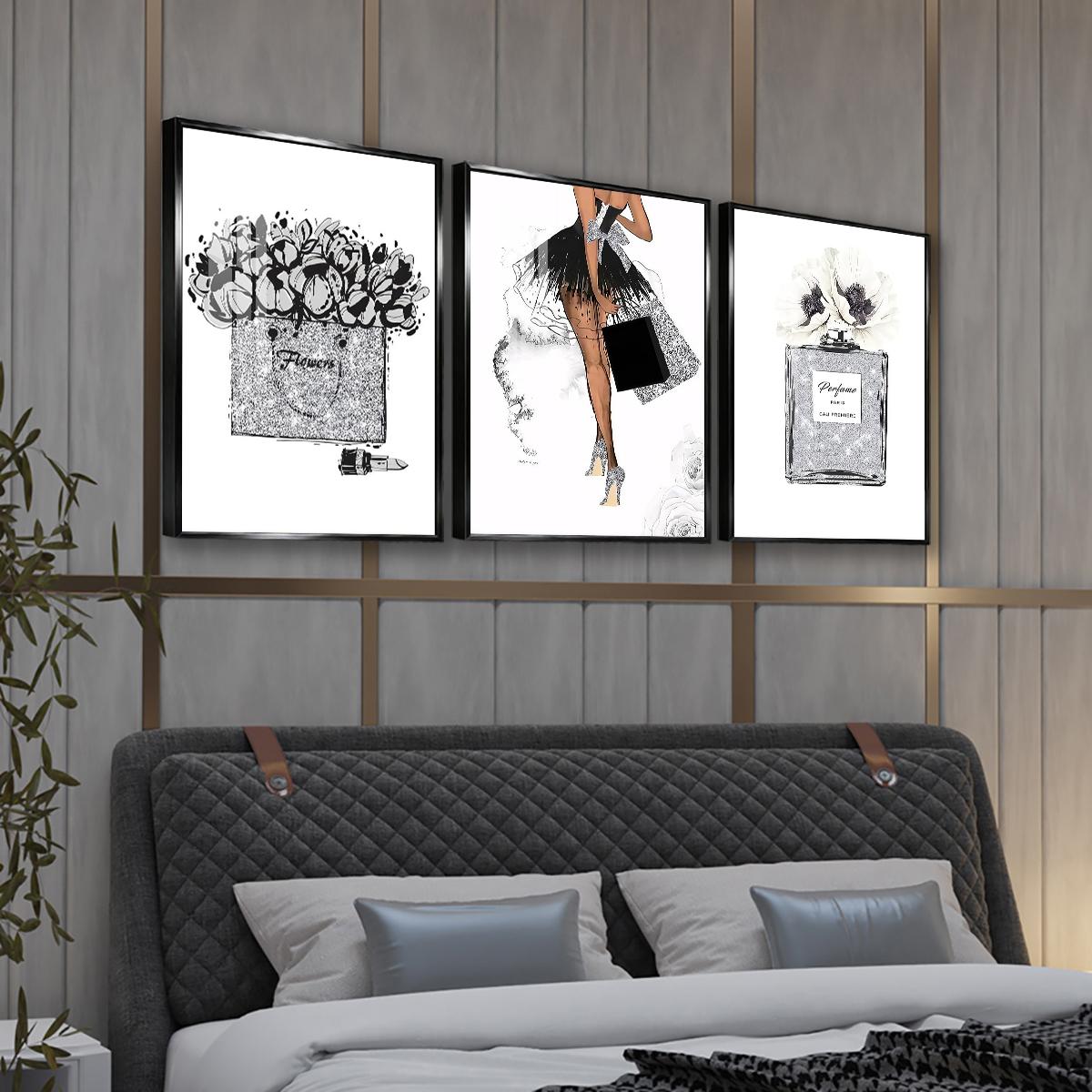 3 Counts Aluminum Alloy Framed Painting, Fashion Girl Perfume And Flower Art Prints, Home Decoration For Living Room, Bedroom, Office, Restaurant, Hallway Wall Decor, Odorless Print Artwork, Luxury Perfect Gift For Friends And Family
