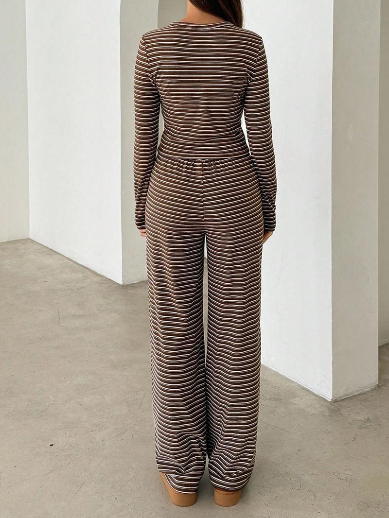 Women's Casual Striped Long Sleeve Top & Pants Set, Slim-Fit Comfortable for Daily Wear, Stylish Two-Piece Clothing Ensemble