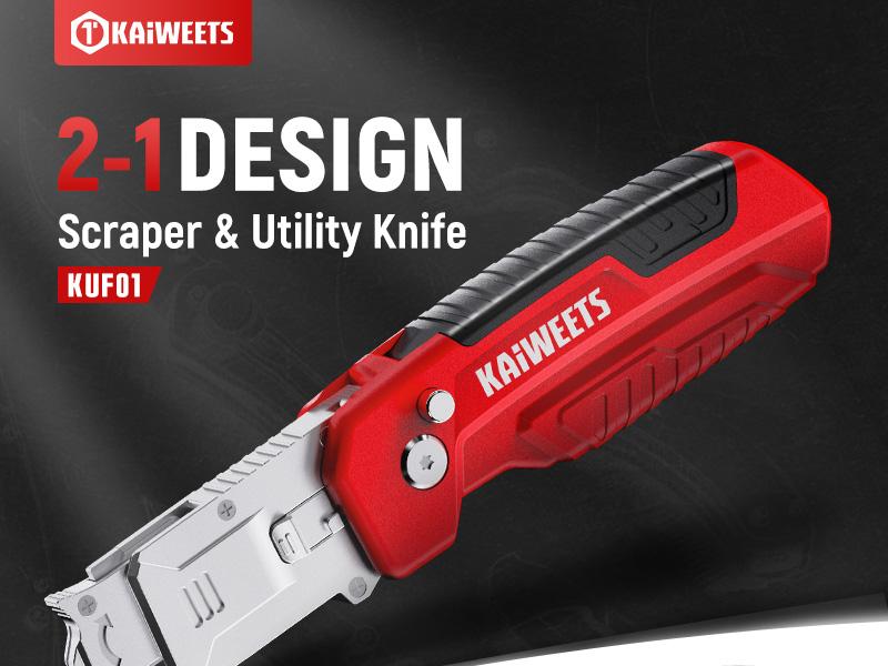 KAIWEETS Utility Knife Scraper, Retractable Design, 2-in-1 Folding Box Cutter with Blade Storage, Heavy Duty Zinc Alloy Body, Folding Knife, SK2 Black Blades replacement, EDC Tool for Home, Office Hardware Cutting