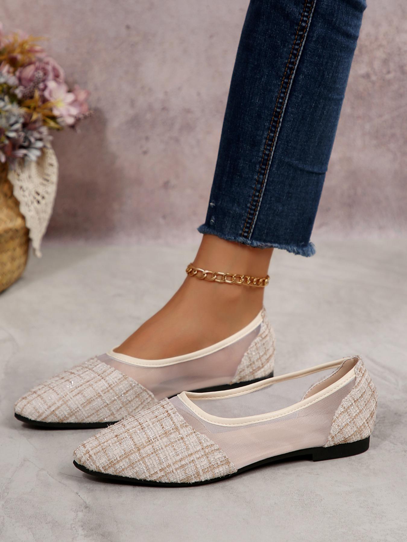 Women's Casual Slip-On Soft Sole Flats Size 36-42, Comfortable All Season Shoes, Breathable Mesh Patchwork Design, Pointed Toe Low Heel, Footwear