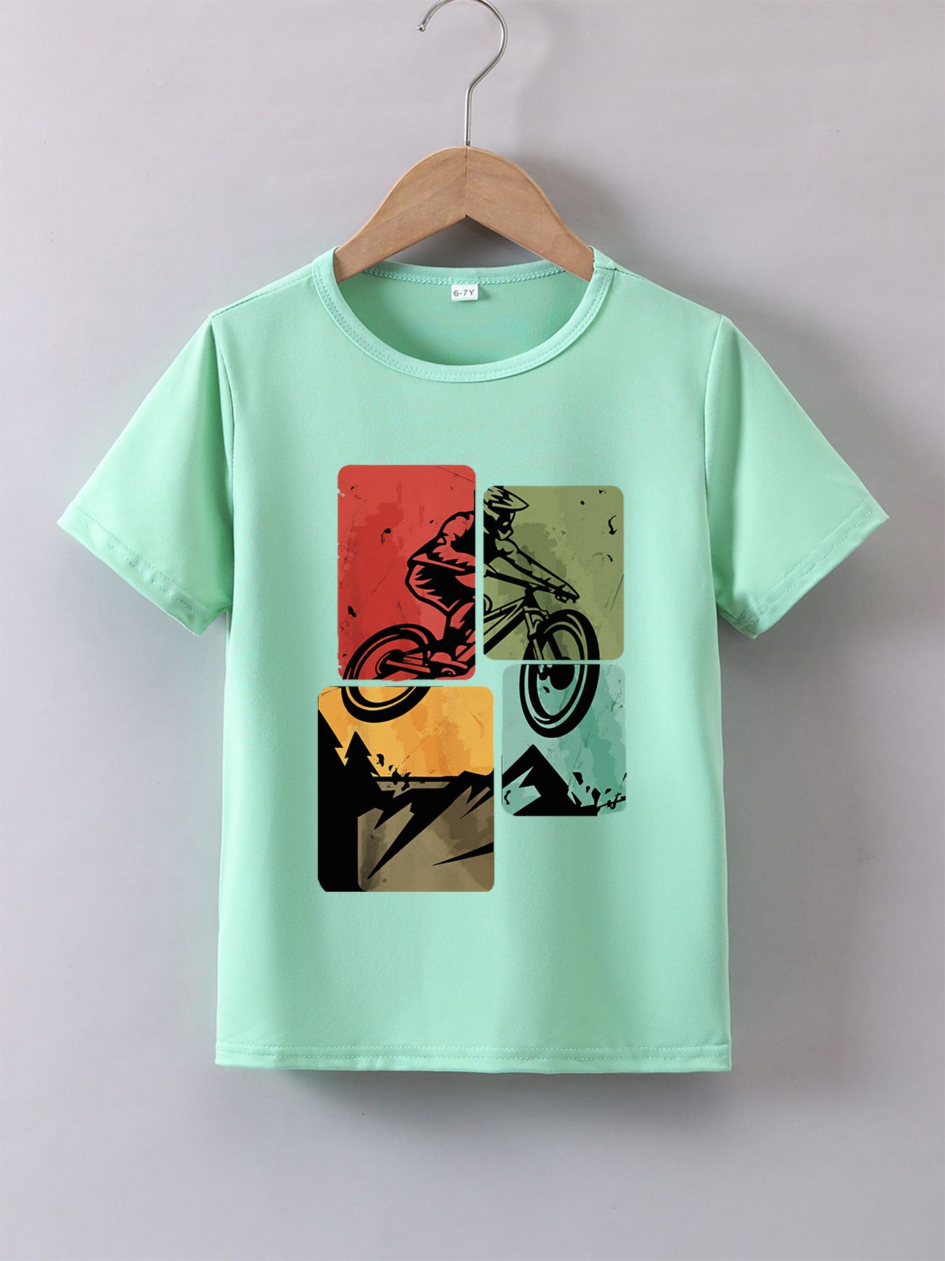 Boys' Summer Breathable & Comfortable "Retro Riding Silhouette 4-Grid Collage" Cartoon Print (3-12Y) Casual Sports T-Shirt