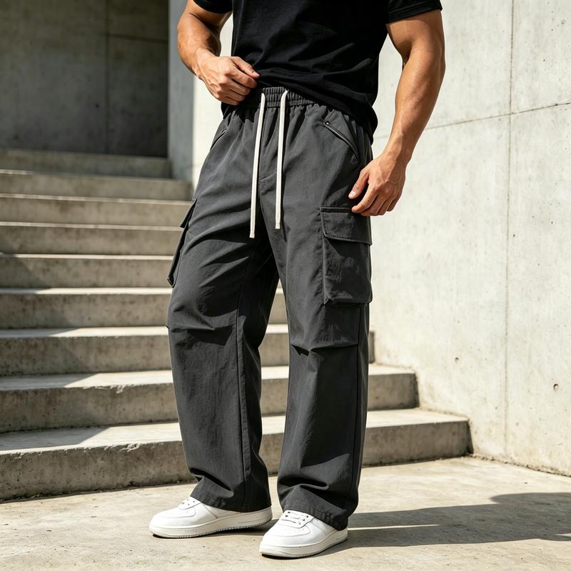 Men's Fashionable Work Pants, Adjustable Drawstring Elastic Waist Circumference, Multi Pocket Loose Wide Leg Straight Leg Pants Decorated with Rivets, Suitable for Daily Urban Life As Fashionable Street Work Clothes