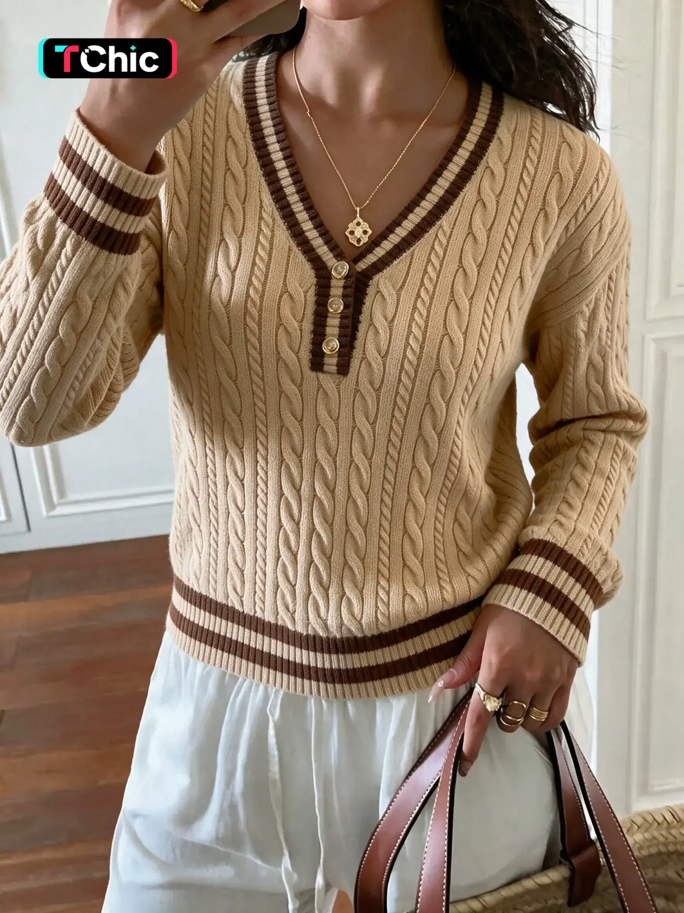 Elegant V-Neck Buttoned Cable Knit Pullover, Fashionable Minimalist Colorblock Casual Sweater, Versatile Women's Knitted Top