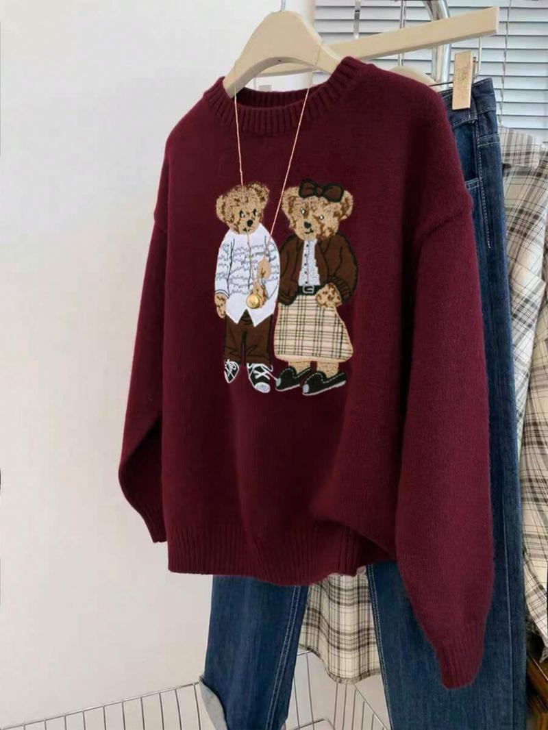 Cartoon Bear Detail Crew Neck Sweater, Casual Loose Long Sleeve Jumper for Fall & Winter, Fashion Ladies' Knitwear for Daily Wear