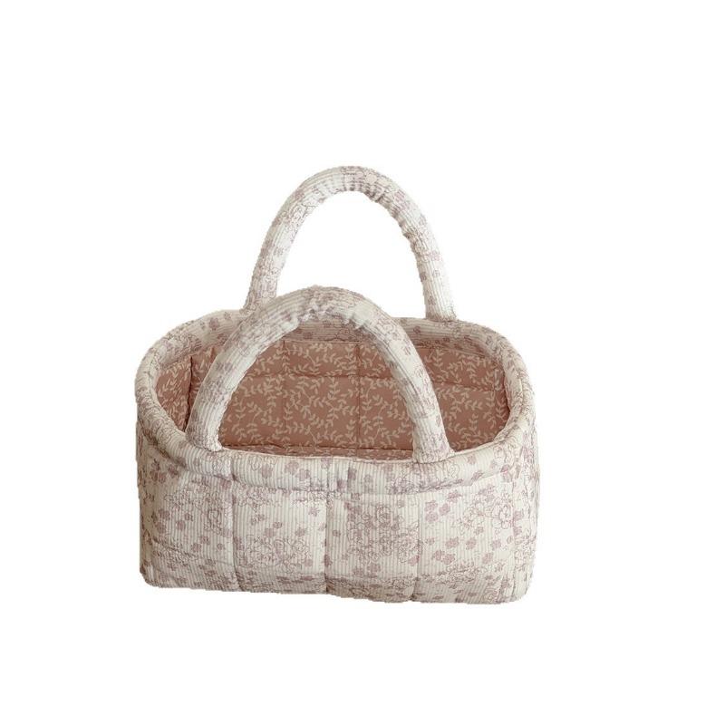 Flannel Peony Storage Basket, Floral Quilted Handheld Organizer, Desktop Living Room Bedroom Sorter, Cosmetic Bags