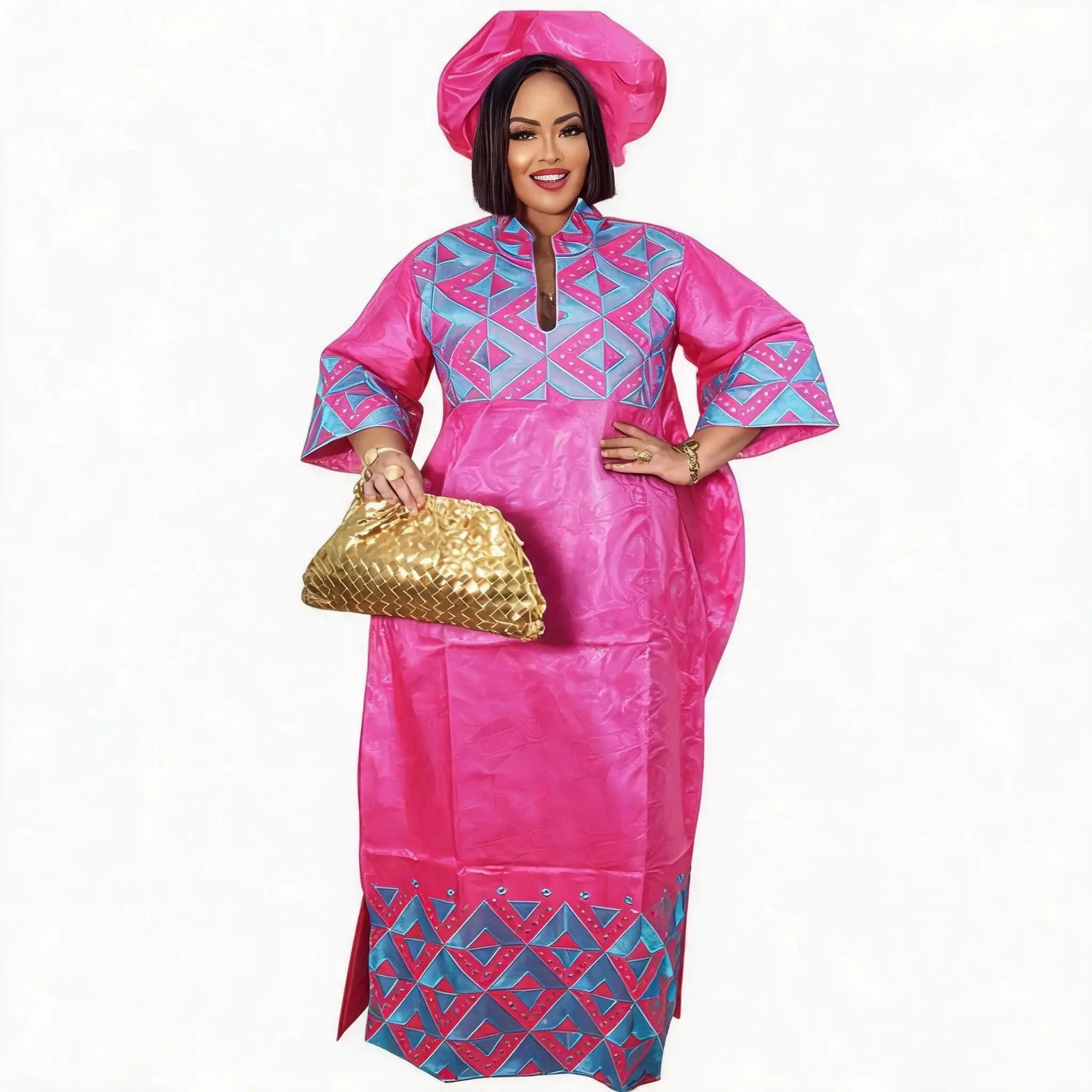 African Dresses For Women Plus Size Bazin Riche Embroidery Design Long Dress With Scarf