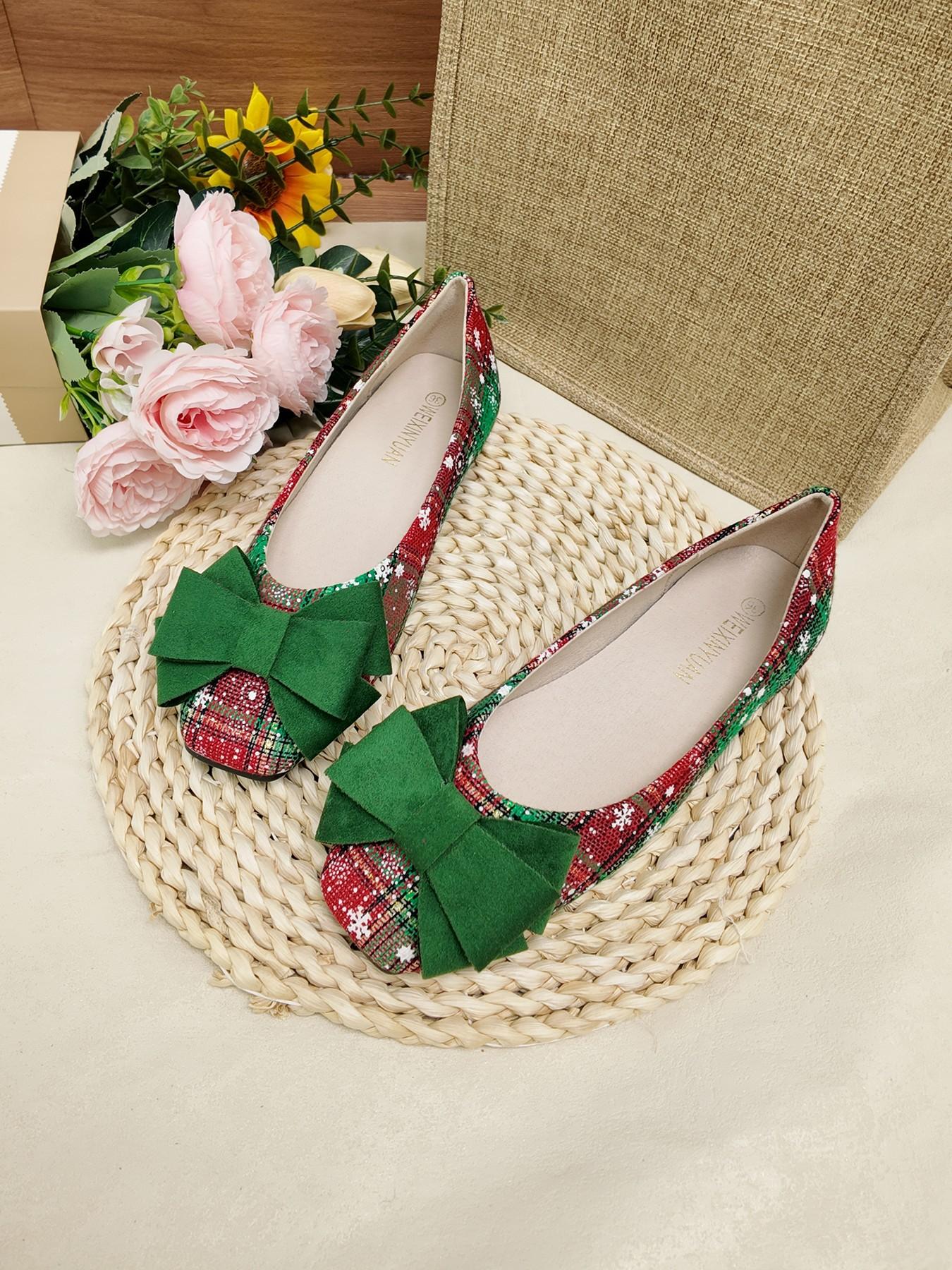 Christmas Limited Edition Plaid Bow Flat Shoes, Soft Sole Anti-Slip Versatile, Holiday Atmosphere, Daily Commute Women's Shoes