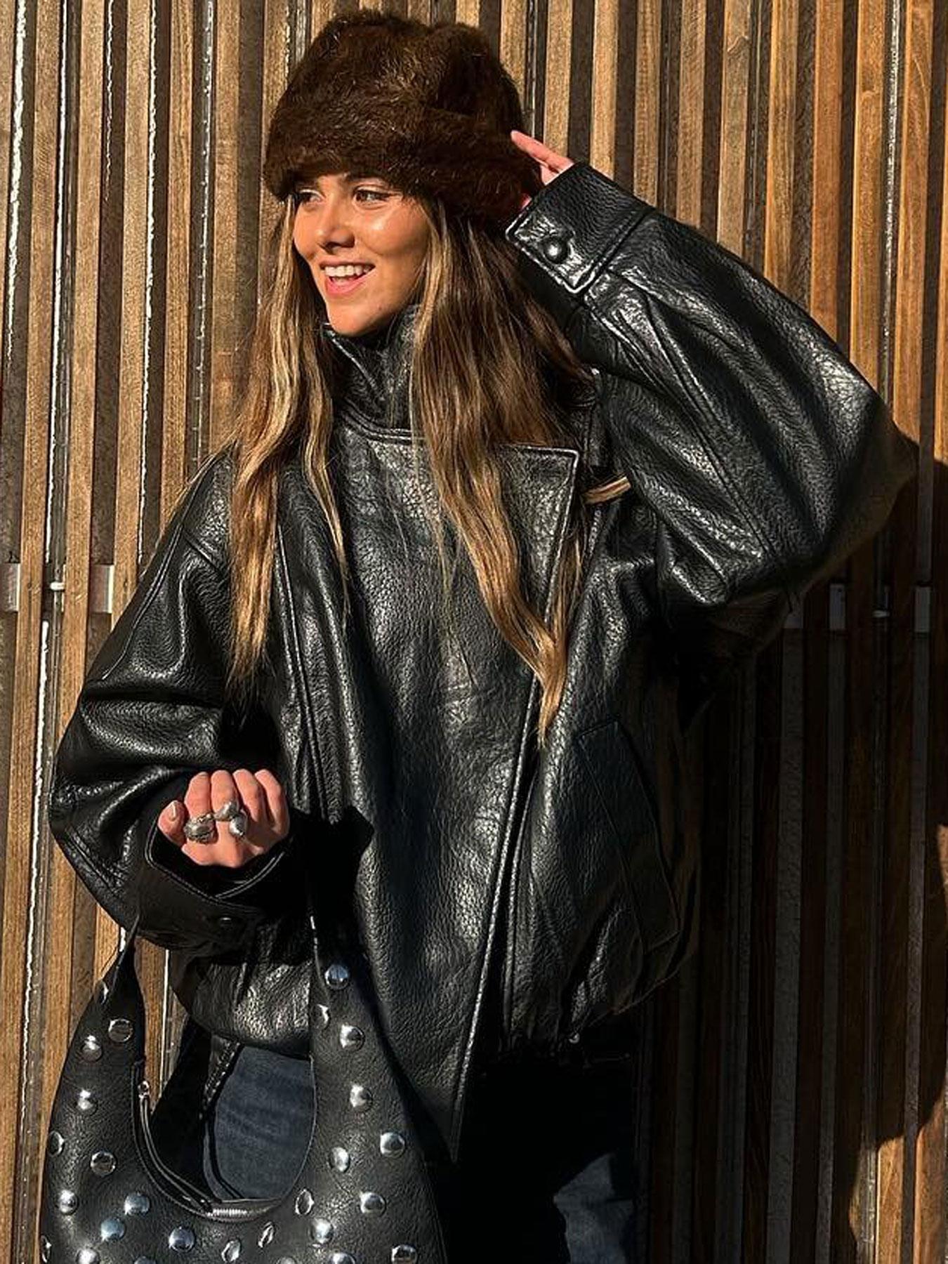 Bomb Jacket Black Faux Leather Jacket Stand Collar Oversized Moto Biker Jacket Elastic Hem Streetwear Casual Long Sleeve Waterproof Windproof Fashion Casual Outerwear for Spring & Fall, Ladies Clothes for Daily Wear Bomb Jacket Black Faux Leather Jacket Stand Collar Oversized Moto Biker Jacket Elastic Hem Streetwear Casual Long Sleeve Waterproof Windproof Fashion Casual Outerwear for Spring & Fall, Ladies Clothes for Daily Wear