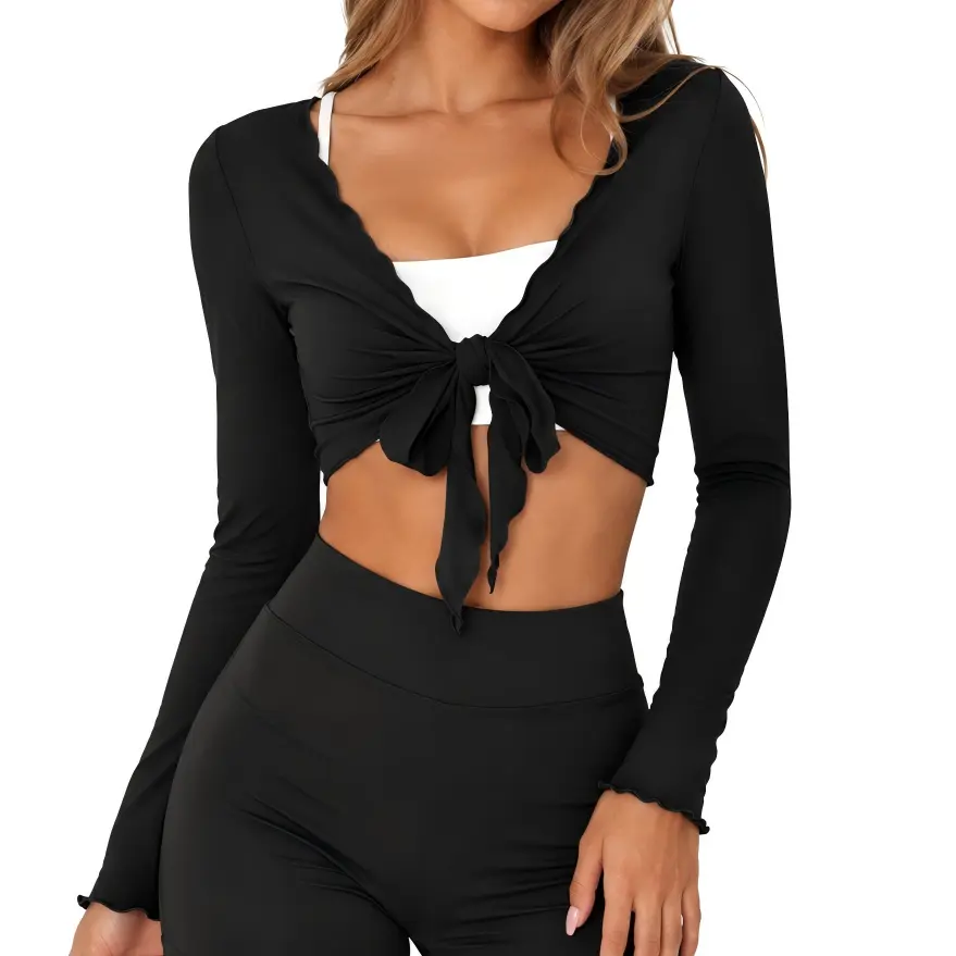 Downtown Girl Tie-Front Crop Top for Women, Long Sleeve Fitted Shrug, Lettuce-Edge Trim, Open-Front Layering Top for Going Out
