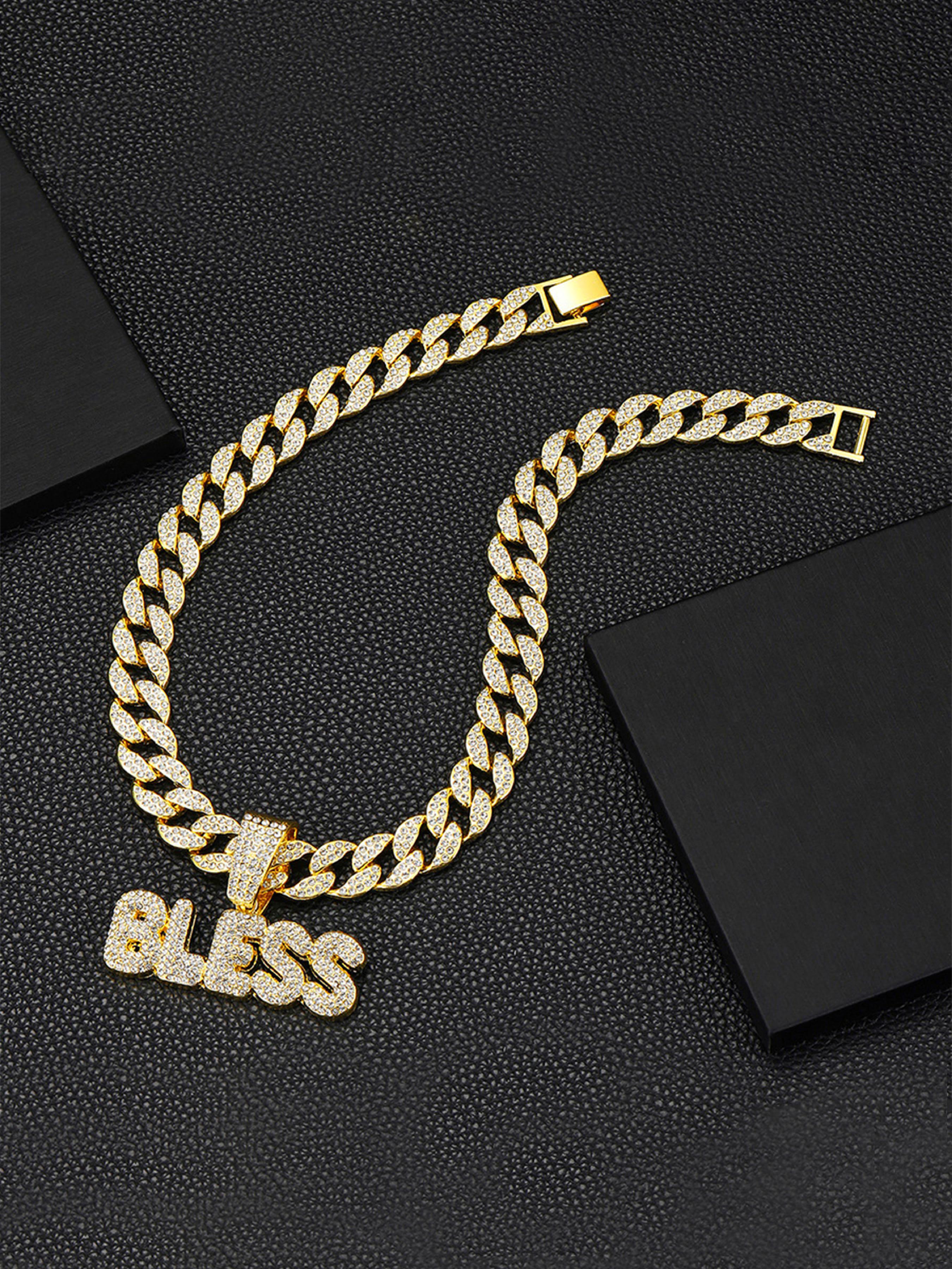 Elegant Zirconia Letter Bless Pendant Necklace, Cuban Link Chain, Unisex Hip-Hop Jewelry, High-End Shiny Accessory, Perfect Gift for Daily & Special Occasions