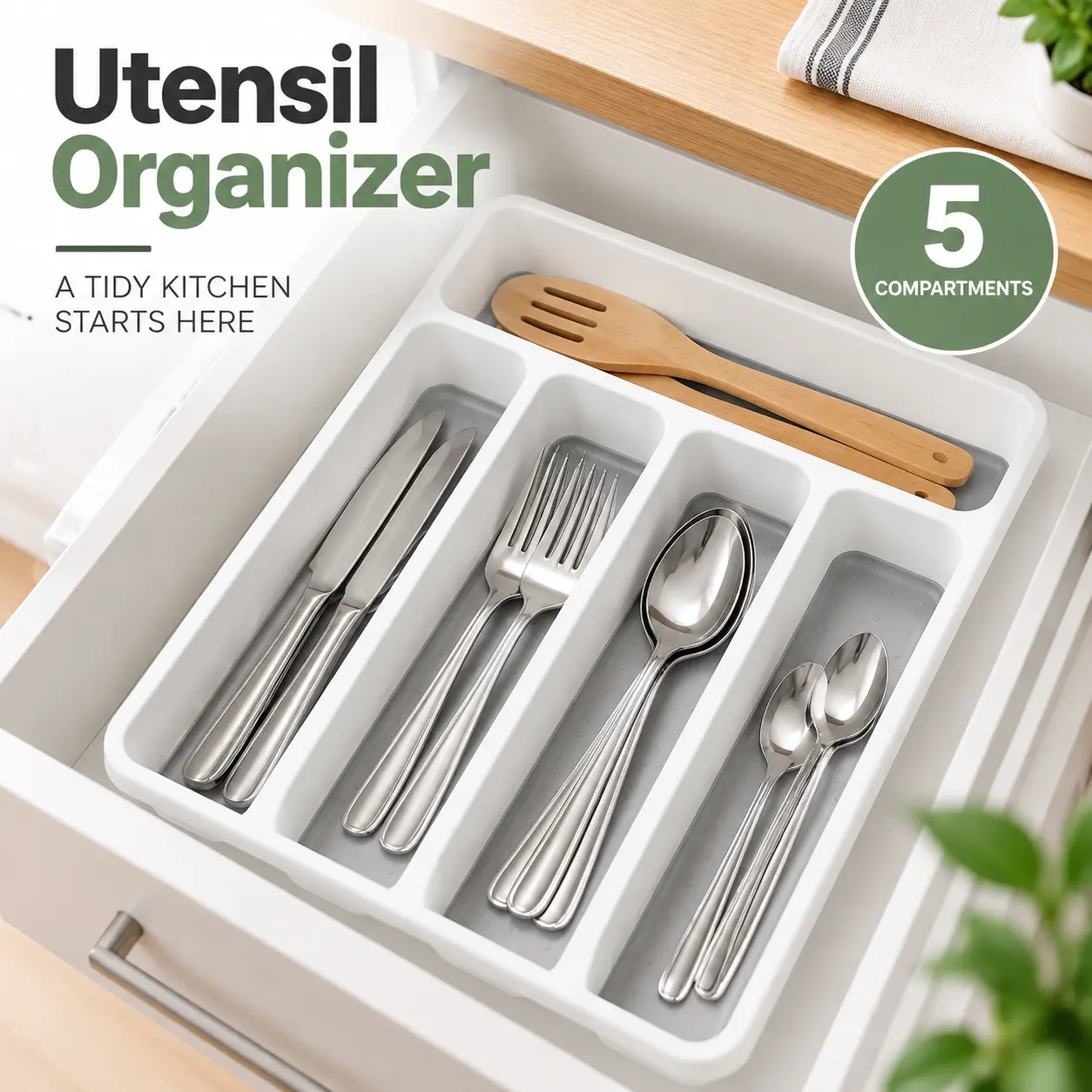 1-Piece Compartmentalized Durable Plastic Flatware Tray, 5-Slot Kitchen Drawer Organizer, Home Silverware Storage Box