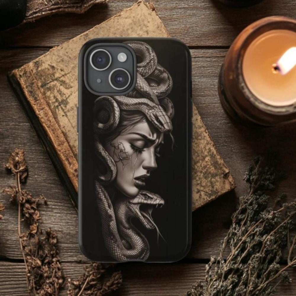 Dark Medusa Snake Gothic Mythology Pattern 2-in-1 Glossy Film Phone Case - Sturdy, Rustic, Shockproof, Anti-Scratch TPU Protective Cover Compatible with iPhone 17, 16, 15, 14, 13, 12, 11 Pro Max Plus & Samsung Galaxy S24 Plus, S25, S22+, Ultra, FE, Edge