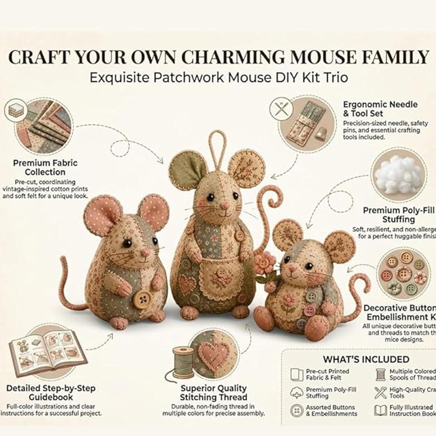 Patchwork Mouse DIY Kit, Hand Sewing Craft Set, Creative Quilted Animal Project, Cute Mouse DIY Kit, Perfect Gift for Sewing Enthusiasts
