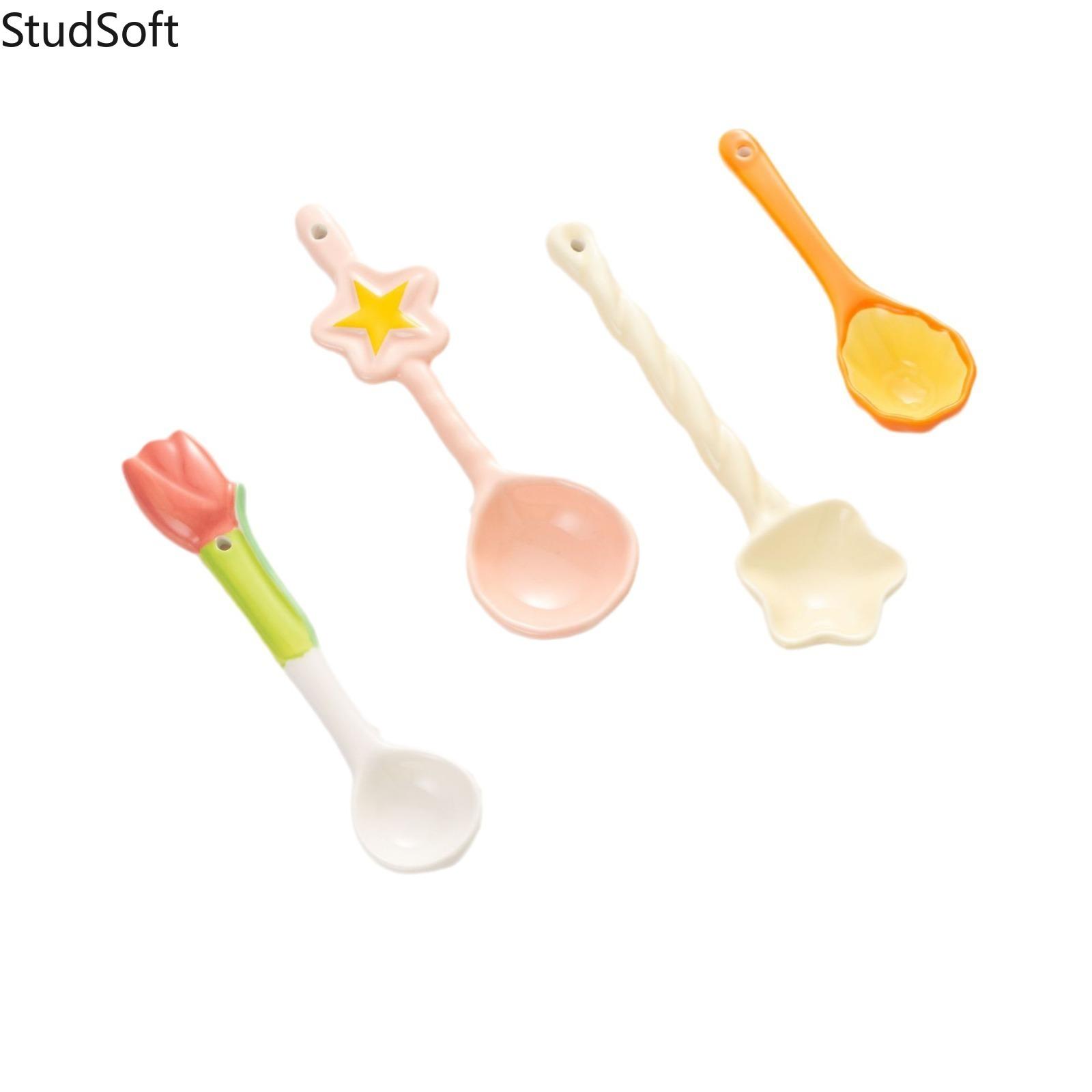 Set of 4 Cute & Stylish Cartoon Ceramic Spoons — Long-Handled Soup Spoons for Home Use, Adorable & Fun Utensils for Kids and Adults