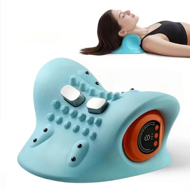 Electric cervical traction massager, neck massager, EMS relaxation and heating kneading massage pillow, ergonomic headrest, for adult neck repair traction, electric neck and head acupoint massage, home relaxation tools, USB charging