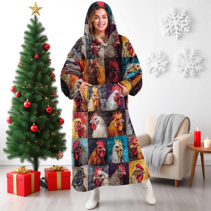 hoodie blanket，Wearable Blanket，Hooded Blanket Wearable Throw, Farm Patchwork Rooster Print Hoodie Blanket, Soft Warm Flannel Blanket for Sofa Home Leisure Air Conditioning Nap Office Bed Camping Travel Gift，Christmas Gift,Valentine's Day gift