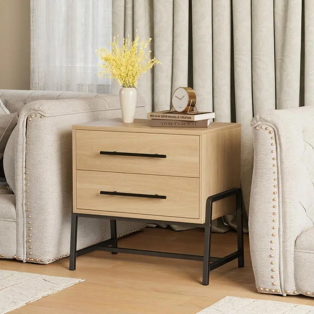 Nightstand with Drawers Light Wood Bedside Table, Wide Side Table with Metal Legs, Modern Night Stand Mid Century Modern Bed Side Tables for Bedroom Living Room