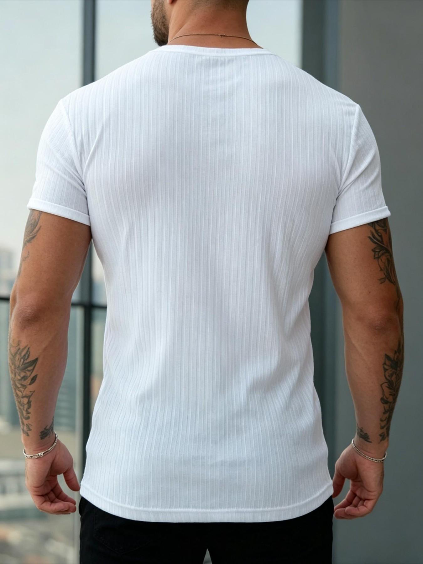 Men's Slim-Fit Ribbed Knitted Round Neck Short Sleeve T-Shirt, Casual Sport Plain Summer Daily Wear Top, Long Clothing