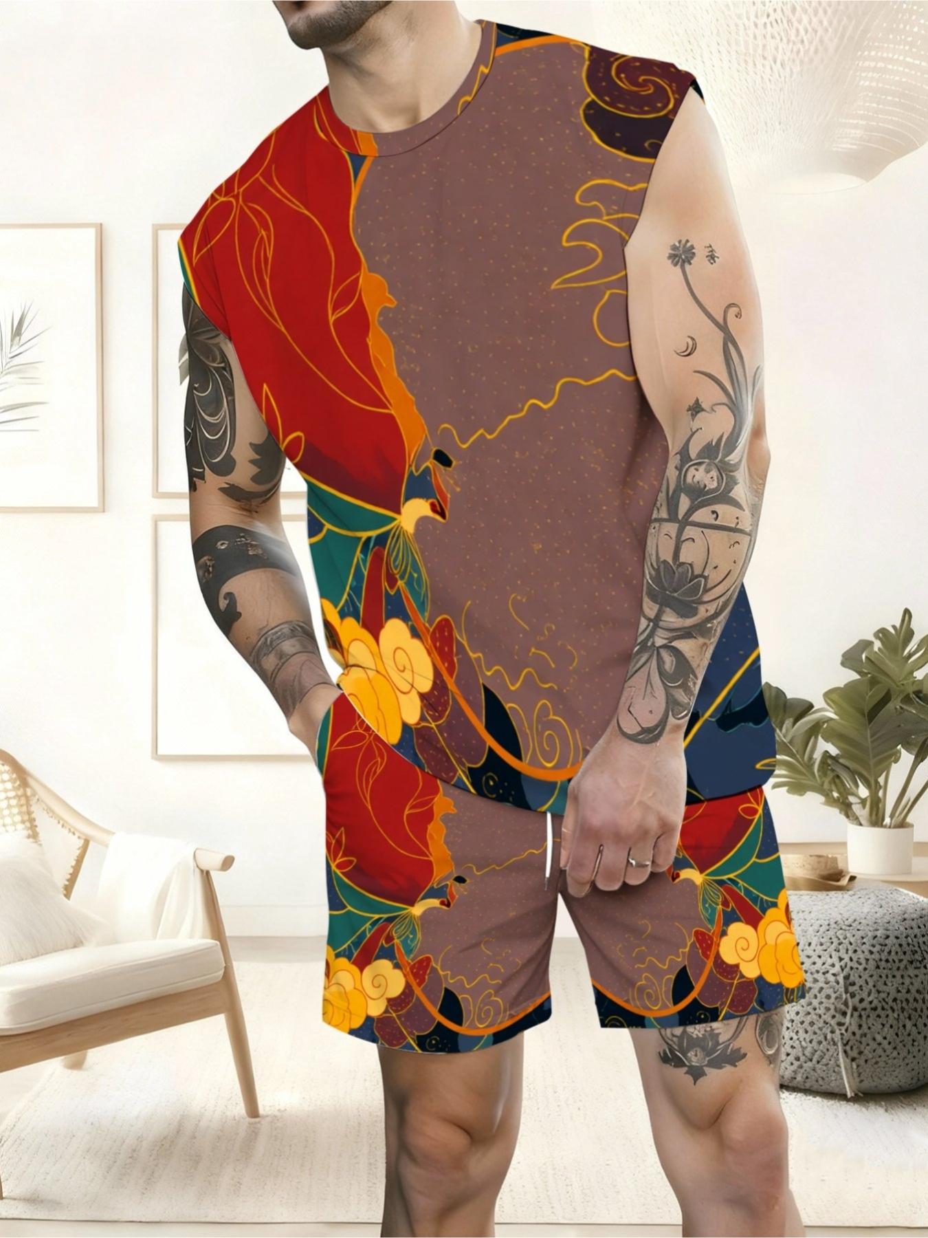 Men's Sleeveless Set Ethnic Phoenix Graphic Print Summer Casual Set