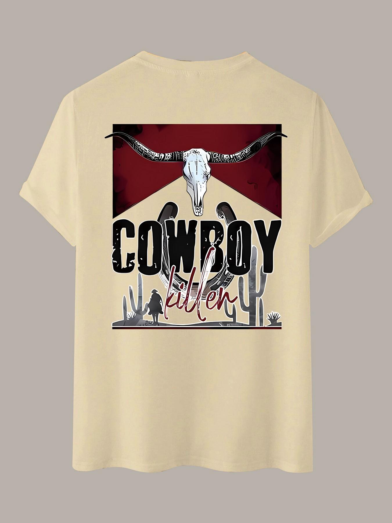 Cowboy Killer Western Cowboy Skull Print Cotton Short Sleeve T-Shirt, Summer American Retro Oversize Unisex Top, Casual Fitted Long Clothing