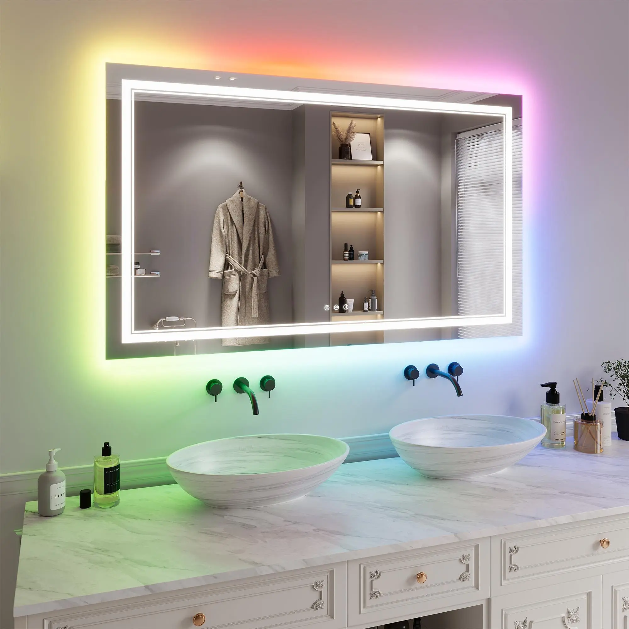 LED Bathroom Mirror for Indoor Households - Front & Backlight, Dimmable, 3 Adjustable Color Temperatures, Anti-Fog, Memory Function, Shatterproof, Waterproof, Horizontal/Vertical Mount