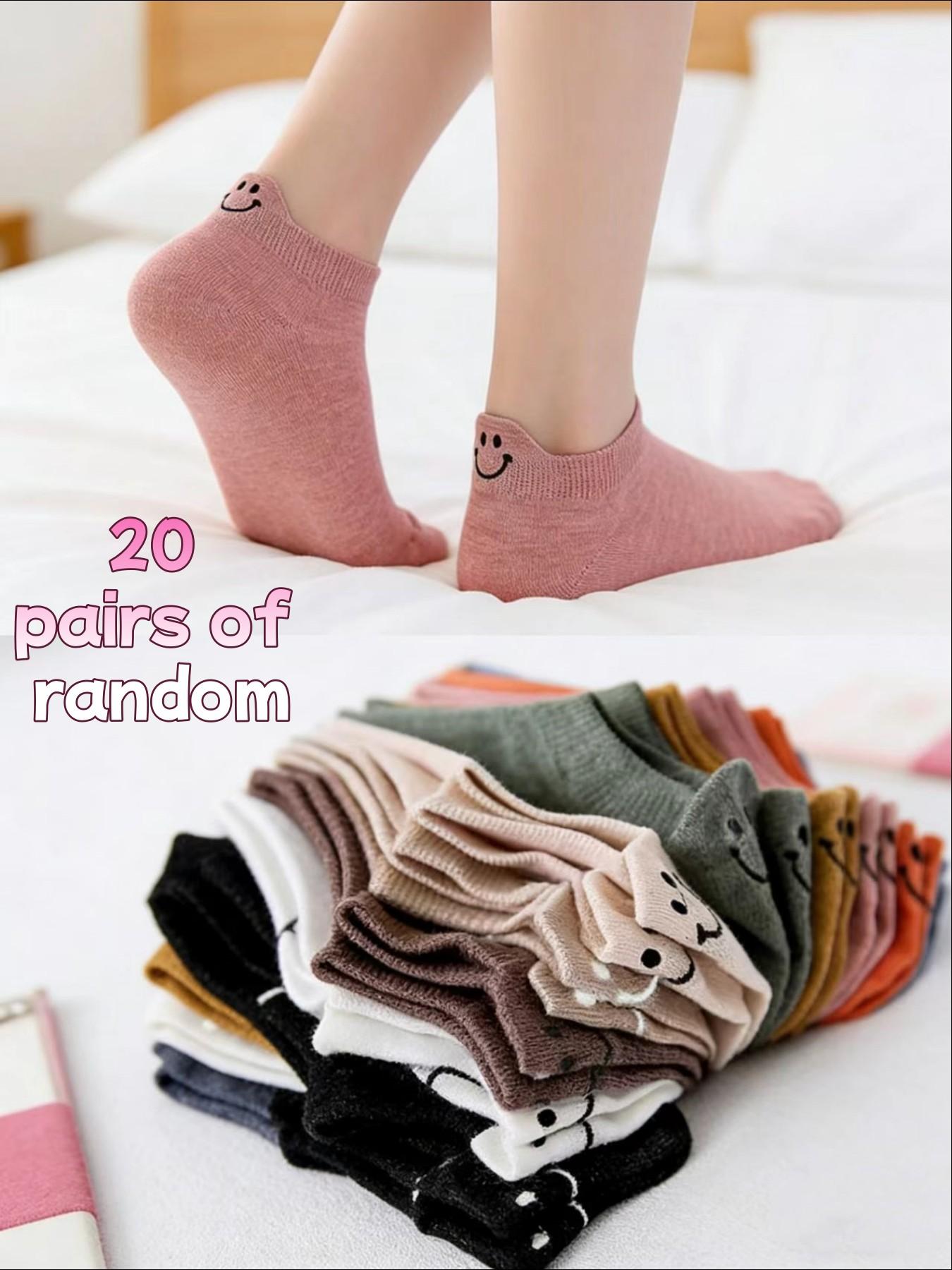 Men's and women's multi-color no-show socks with smiley face on the heel, 20 pairs sock packs, breathable, sweat-absorbent, comfortable, non-slip, short socks. Fashionable design perfectly meets the daily casual wear needs of men and women.