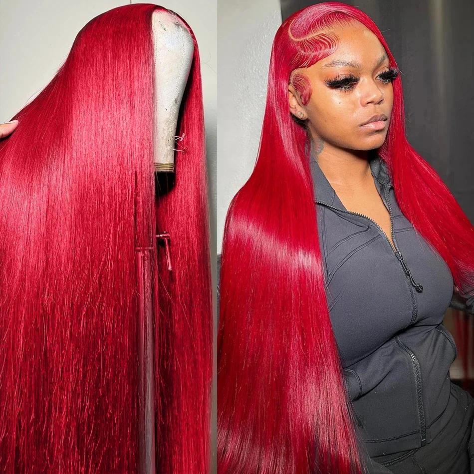 [BB Face] Burgundy 99J Lace Front Wig Straight 13x6 HD Lace Frontal Wig 40 Inch Human Hair For Women Pre Plucked Red Colored Lace Wig 180% Density