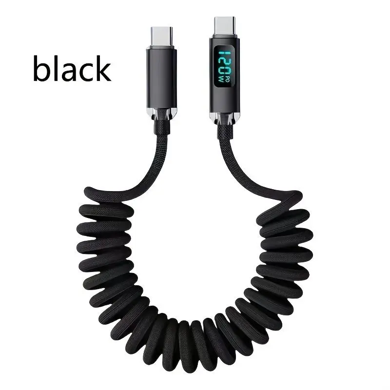 120W fast charging cable, Type - C to Type - C, with real-time display function, coiled type, applicable to home, cars and motorcycles, and used as accessories for iPhone 15/16, Samsung, Xiaomi, Huawei and OPPO