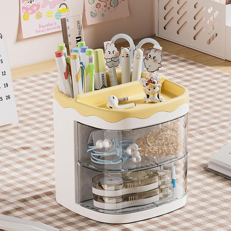 High-Value Rotating Pen Holder, Multi-Layer Transparent Storage, Cartoon Decorative Stationery, Small Item Classification Organizer, Stationary Organizer Holder