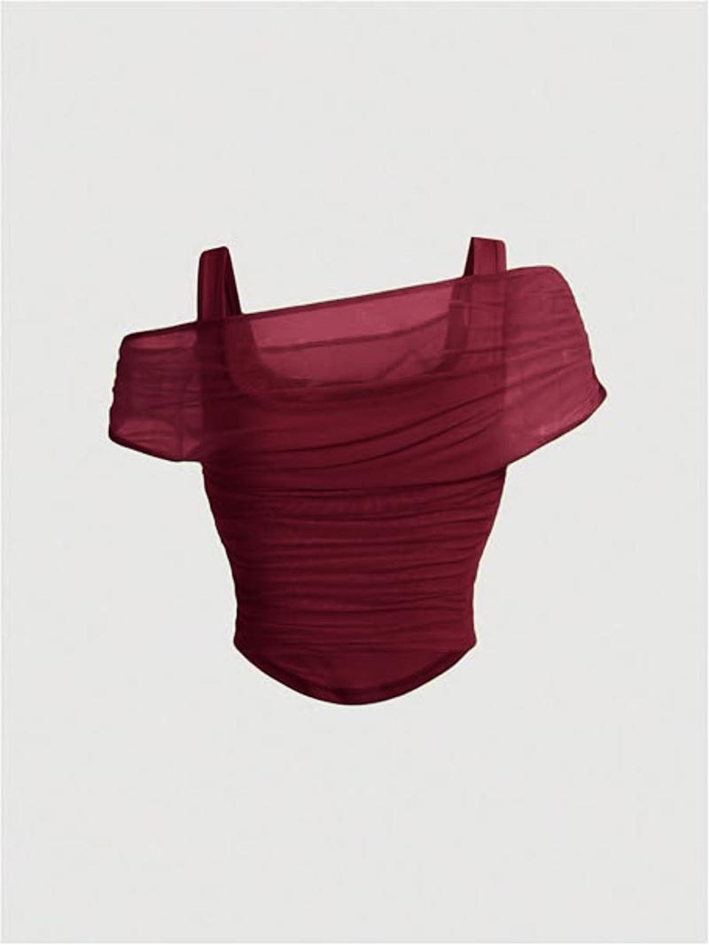 Valentine's Day Women's Asymmetric Neckline Ruched Crop Top - Trendy Mesh Blouse for Club, Date Night & Vacation