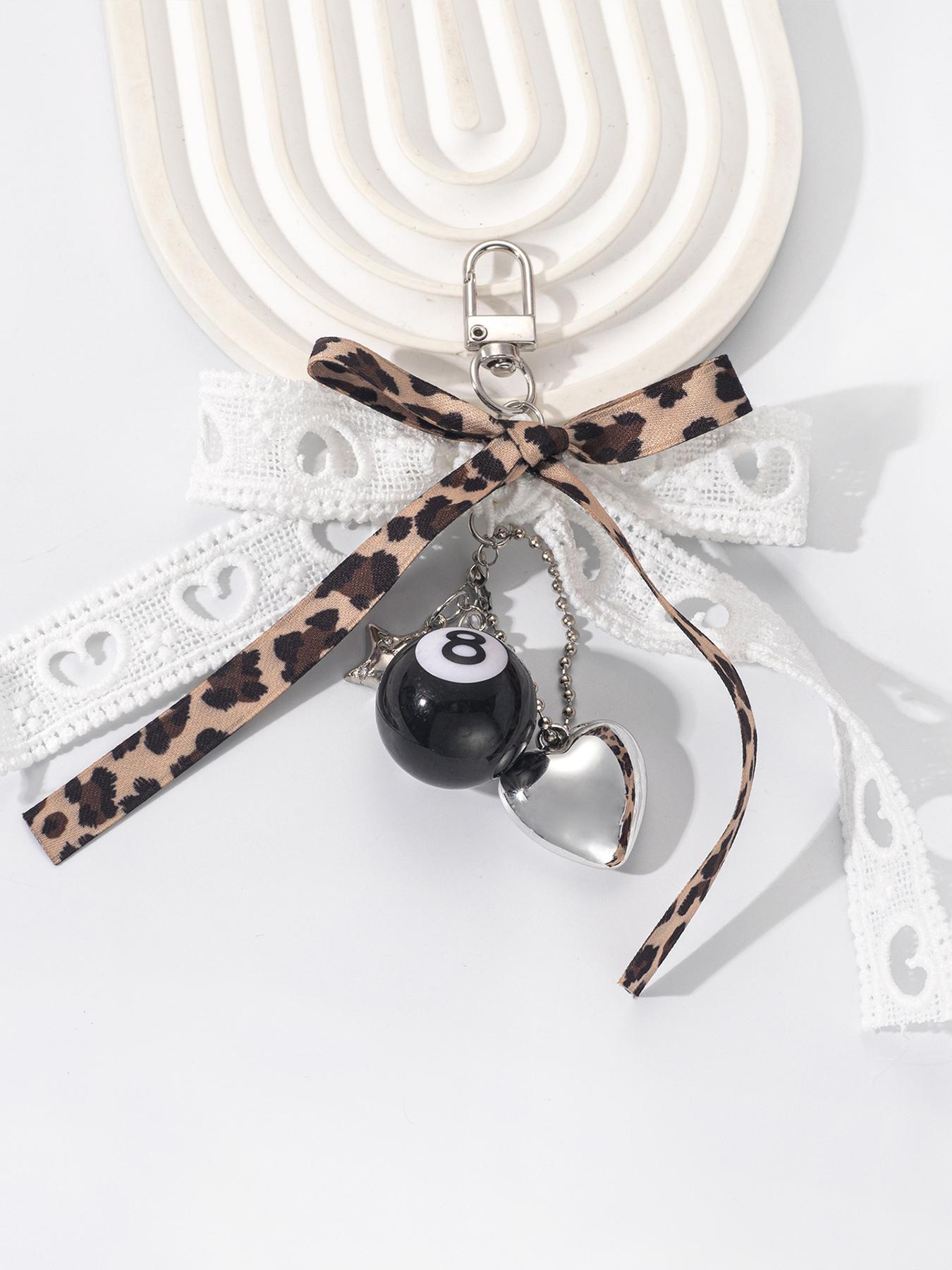 Cool and stylish practical texture leopard print size 8 ball pendant, leopard print bow+lace ribbon, black 8 billiards+heart pendant, exquisite and sweet style, versatile bag/key, can be given to friends