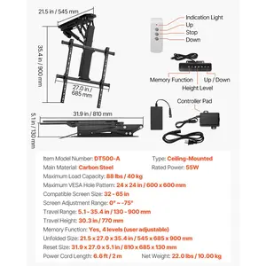 VEVOR Motorized Ceiling TV Mount, TV Wall Mount for 32 to 65 Inch TV, Electric Adjustable Ceiling TV Mount, Motorized Flip Down TV Mount Bracket with Max VESA 24x 24 in, Fits TVs Up to 88 lbs